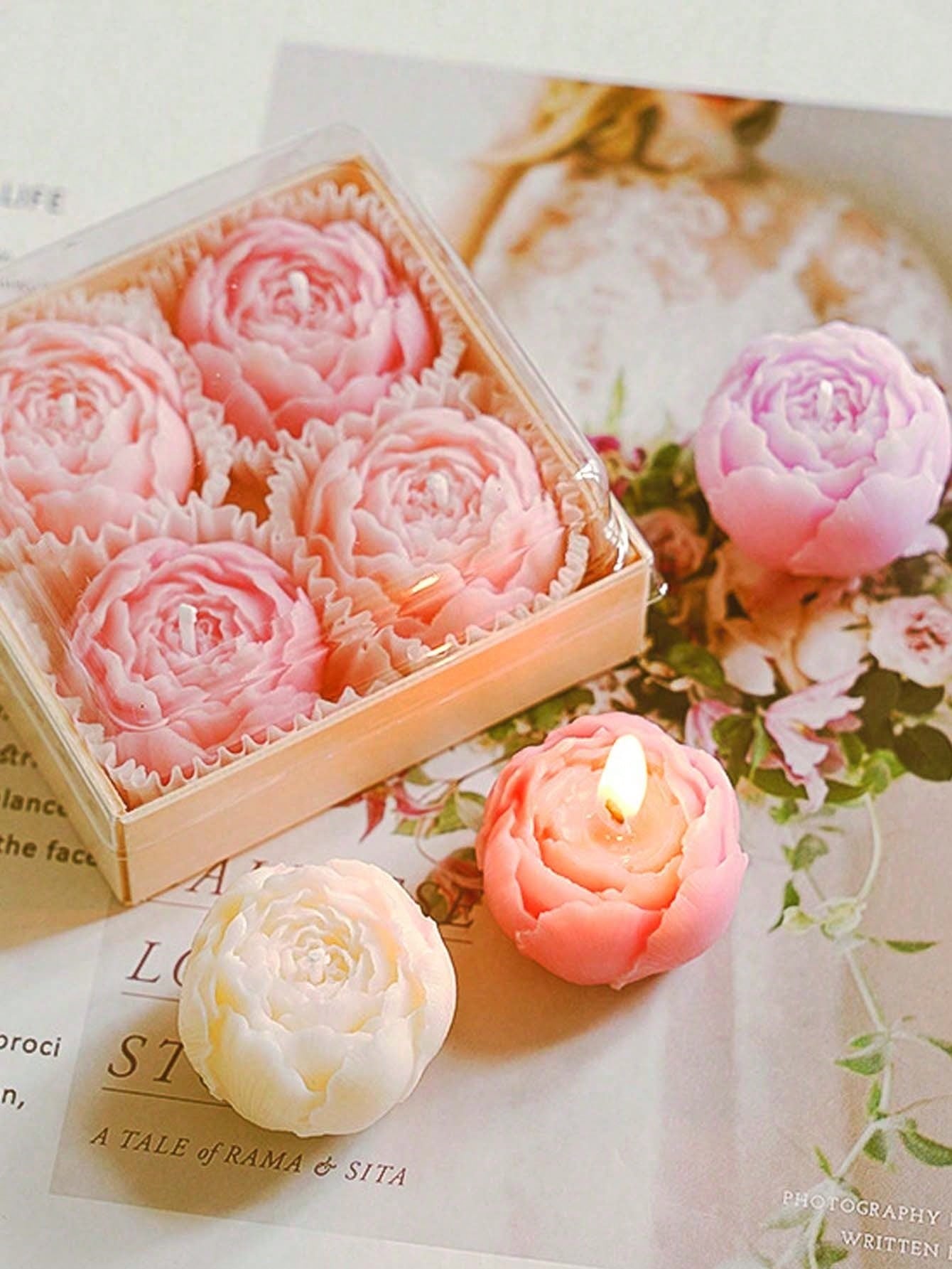Home Fragrance Homemade - ชุด 4 ชิ้น/เซ็ต เทียนหอมกลิ่นกุหลาบทำมือ, เทียนช่อดอกไม้ทำมือ, ของตกแต่งบ้าน,