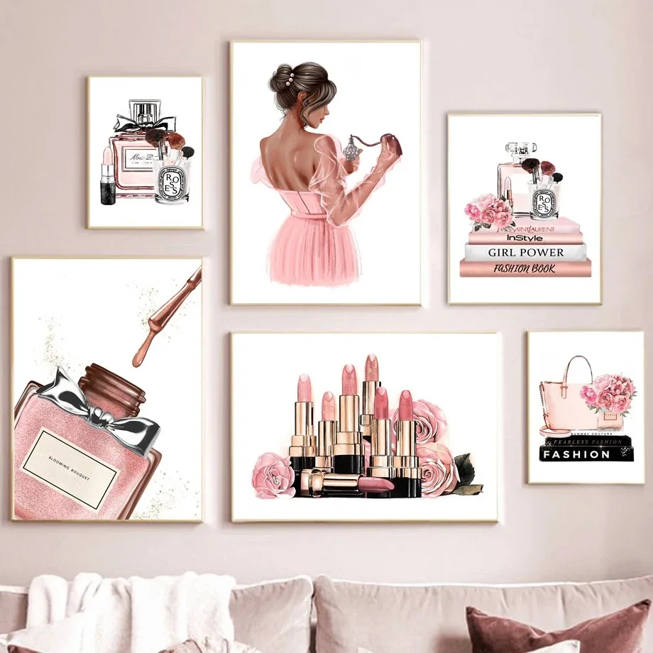 Home Fragrance Room Spray - ภาพวาดผ้าใบ Art นอร์ดิกโปสเตอร์และพิมพ์ภาพผนังดอกไม้น้ําหอมลิปสติกหนังสือแฟชั่นแต่งหน้าสําหรับตกแต่งห้องนั่งเล่น