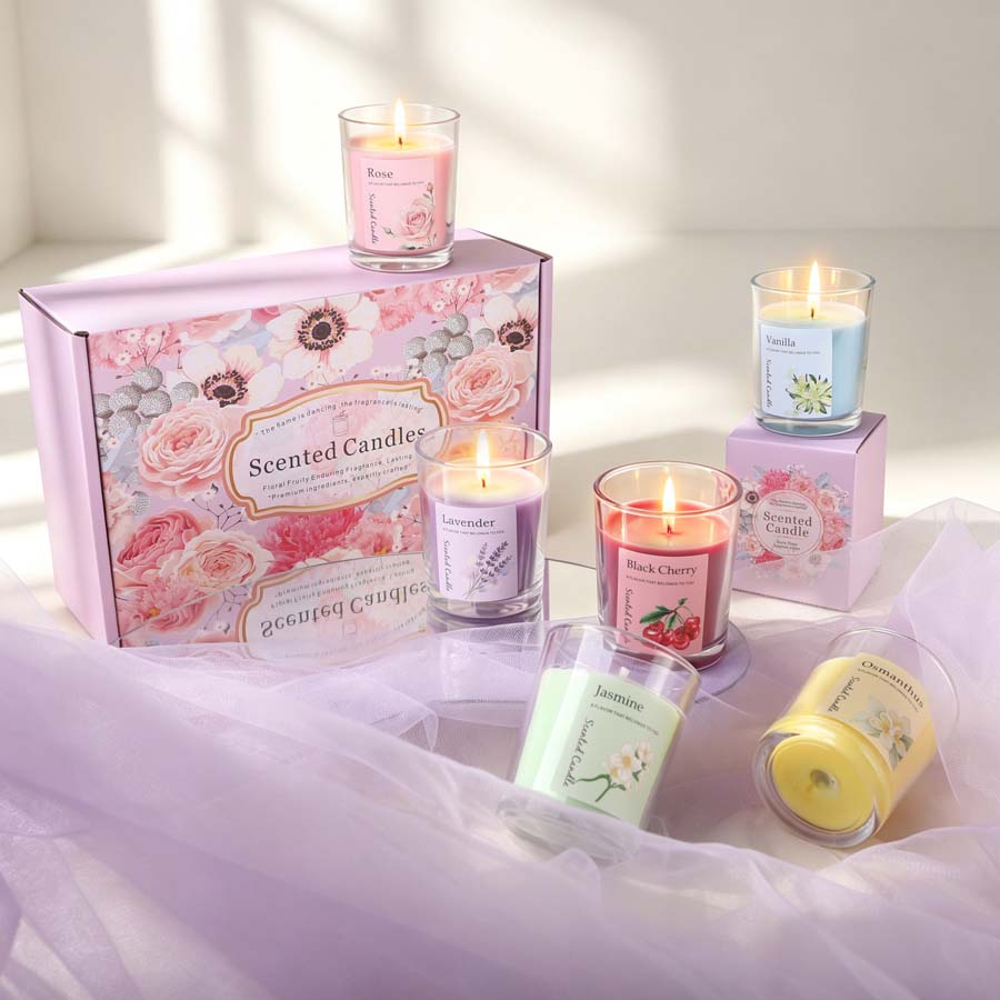 Home Fragrance Gift Set - ชุดของขวัญเทียนหอมอโรมาเธอราพี 6 กลิ่นที่แตกต่างกัน เทียนในขวดแก้วสำหรับห้องนอน งานแต่งงาน และของขวัญงานปาร์ตี้