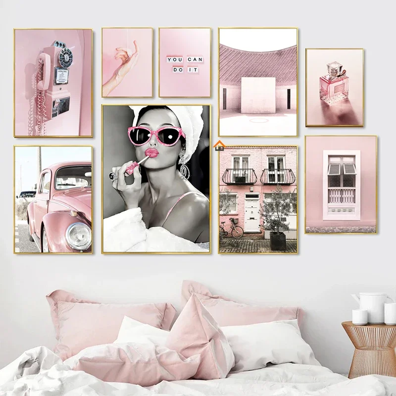 Home Fragrance Room Spray - ภาพตกแต่งผนังลายโปสเตอร์โทรศัพท์รถยนต์วินเทจสีชมพูสำหรับผู้หญิง น้ำหอมหรูหรา ภาพศิลปะบนผ้าใบสำหรับตกแต่งห้องนั่งเล่นและห้องน้ำ